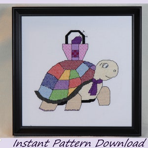 May include: A cross-stitch pattern of a turtle carrying a basket of sewing supplies. The turtle's shell is made of colorful patchwork squares. The basket is pink with purple trim and contains a needle and thread.