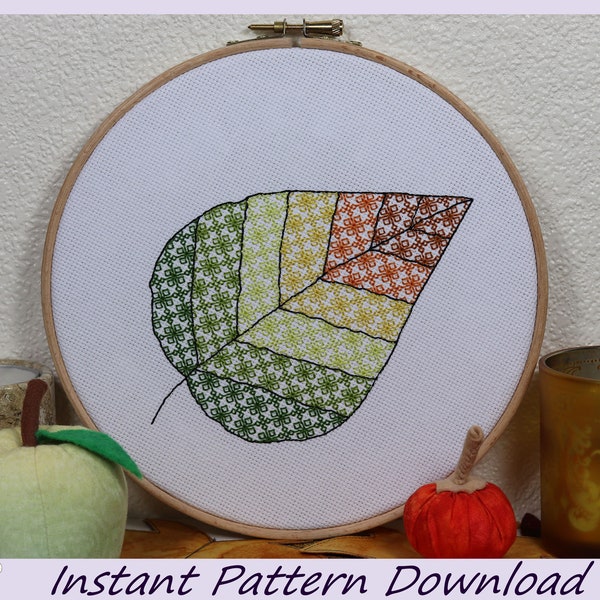 Blackwork Autumn Leaf Pattern (Instant Download PDF Design)