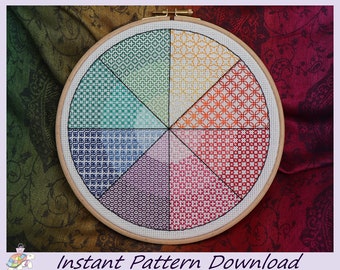 Motif de cercle de Blackwork coloré (téléchargement instantané PDF Design)