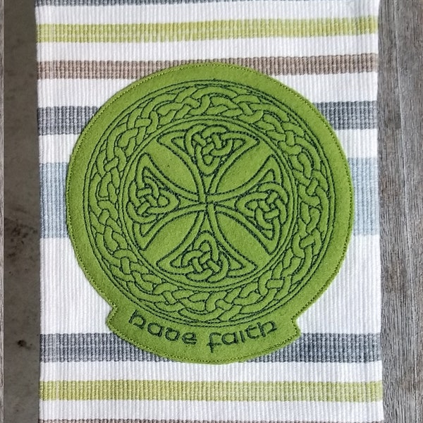 Celtic knot cross wall/door hanging, or trivet, FabMo fabric, "Have Faith" embroidery, stylized bird on the reverse side.