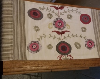 Stripes & stylized flowers in shades of taupe, rose, tan, and cream adorn this table or cabinet runner. FabMo rescued, eco-friendly fabrics.