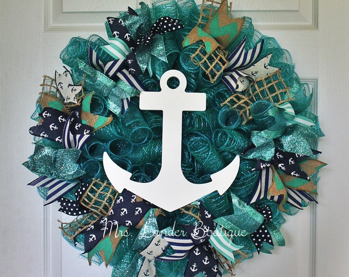 Teal and Navy Blue Nautical Wreathteal Door Decor Anchor Etsy