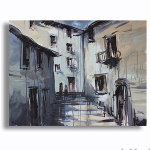 May include: A painting of a narrow street in a European city. The buildings are painted in shades of gray and white, with some details in black. The street is paved with cobblestones and there are steps leading up to the buildings.