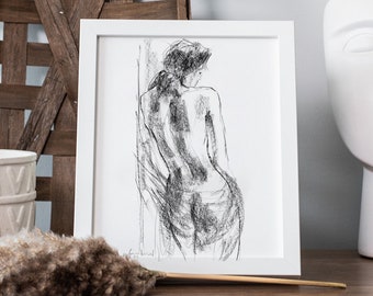 Wall Art Sketch Print, Charcoal Drawing, Nude Woman Print, Female Art Print, Black and White Poster, Bedroom Wall Decor, Interior Decor Art