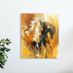 Pferd Wandkunst, fertig zum Aufhängen auf Leinwand, Pferdedruck, Paar Pferde, Wohnzimmer Wandbehang, Fine Art Print, Pferdegrafik, Pferdemalerei