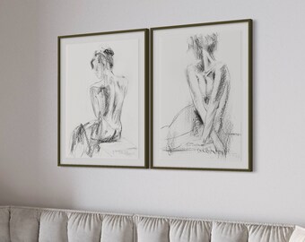 Set Of 2 Prints, Bedroom Wall Decor Over the Bed, Monochrome Prints, Black White Prints, Living Room Decor, Nude Wall Art Print, Charcoal