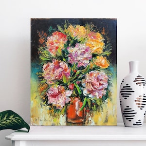 Toile de peinture, peinture originale, empâtement, peinture de pivoine, cadeau pour elle, peinture florale, des mères, pivoine Wall Art, Bouquet à l’huile
