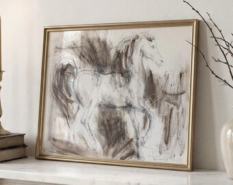 Abstract Horse Silhouette Horizontal Drawing Print, Western Sketch for Country Farmhouse Wall Decor, Equiestrian Expressive Animal Sketch