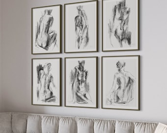 Set of 6 Black and White Gallery Wall Prints, Minimalist Japandi Statement Living Room Wall Decor, Female Back View Charcoal Drawings