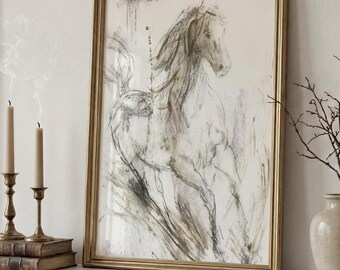Abstract Galloping Horse Silhouette Drawing Print, Equiestrian Farmhouse Living Room or Dining Room Decor, Western Charcoal Sketch