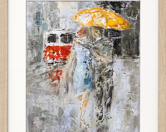 Couple with Umbrella Painting Print, Man and Woman Giclee print, Couple wall art, Figurative oil painting, Rain print, Urban print