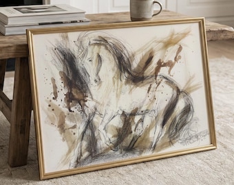 Expressive Galloping Horse Horizontal Drawing Print, Abstract Equiestrian Farmhouse Bedroom Wall Decor, Western Animal Silhouette Sketch