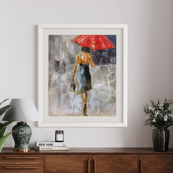 Frau mit Regenschirm Druck, Weibliche Figur Giclee Druck, Frau Wandkunst, figurative Ölmalerei, Regen Kunstwerk, Wohnzimmer Deko