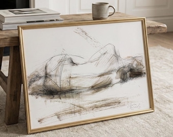 Abstract Horizontal Woman Lying Sketch Print, Charcoal Drawing for Over the Bed Decor, Japandi Living Room or Bedroom Neutral Beige Artwork