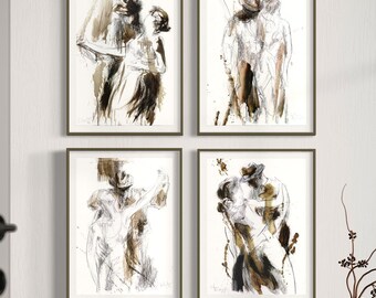 Couple Art for Bedroom or Living Room Gallery Wall, Print Set of 4 Abstract Man and Woman Dancing Drawings, Warm Beige Color Room