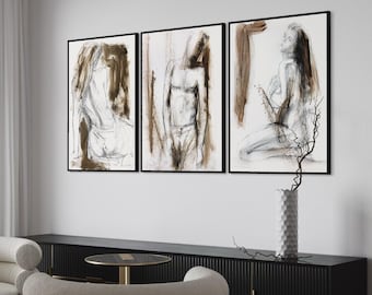 Set of 3 Framed Art Prints for Bedroom Wall Decor, Abstract Brown Man & Woman Sketches, Minimalist Neutral Modern Artworks
