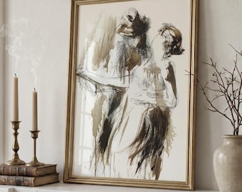 Dancing Couple Art Print, Abstract Charcoal Drawing, Neutral Living Room Wall Decor,  Giclee Art Print, Housewarming Gift, Romantic Sketch