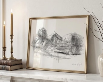 Horizontal Woman Back Charcoal Sketch for Bedroom Wall Decor in Black and White, Lying Down Body Silhouette Print for Above Bed or Couch
