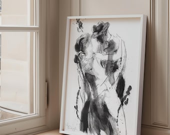 Monochrome Couple Drawing Print, Black and White Bedroom Wall Decor, Man and Woman  Intimate Charcoal Sketch, Abstract Dancing Couple Print