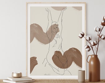Abstract Line Print, Burnt Orange Wall Art, Geometric Print, Terracotta Drawing, Nude Woman Sketch, Minimal Rust Print, Bedroom Wall Decor