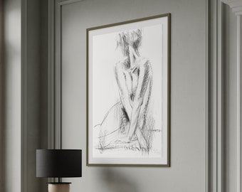 Black and White Print, Wall Art Print, Charcoal Sketch, Nude Print, Woman Sketch,  Gift For Her, Living Room Decor, Fine Art Print, Nude