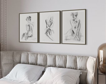Over Bed Wall Art, Print Set Of 3, Quiet Luxury Home Decor, Black and White Bedroom Wall Decor Prints, Living Room Nude Charcoal Sketch