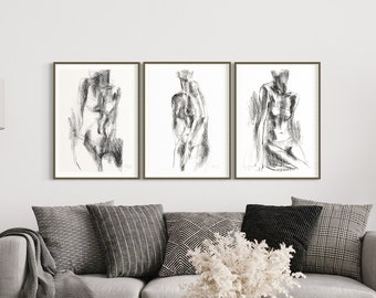 3 Piece Wall Art, Black and White Prints, Minimalist Nude Wall Art, Set of 3 Prints, Charcoal Drawing, Bedroom Wall Decor, Over Bed Wall Art