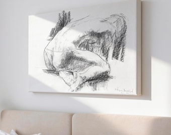Black & White Woman Figure Canvas Art Print, Ready to Hang Horizontal Female Charcoal Drawing Study, Minimalist Over Bed Bedroom Wall Decor