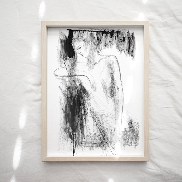 Charcoal sketch, Art print, Figurative Drawing, Modern Wall art, Graphic art, Black and white, Wall decor, Woman art sketch, Female Figure