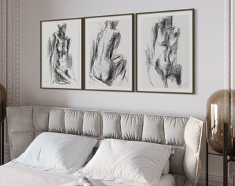 Set Of 3 Wall Art Prints, Black and White Prints, Quiet Luxury Home Decor, Over Bed Bedroom Art, Charcoal Nude Female Body Sketch Prints