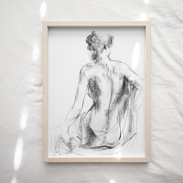 Nude Sketch Art Print, Dessin au fusain noir et blanc, Croquis de silhouette de femme, Impression de figure féminine, Art mural de chambre naturelle, Japandi