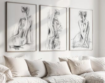 Curated Gallery Wall of Fine Art Women Sketch Prints, Set of 3 Monochromatic Female Silhouette Artworks for Living Room Above Couch Decor