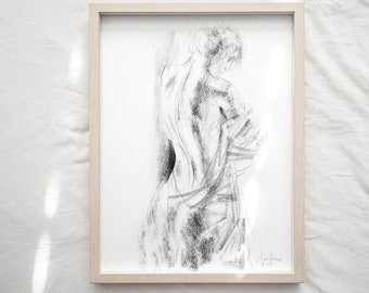 Black And White Print, Nude Wall Art, Woman Drawing Print, Housewarming Gift, Charcoal Drawing, Nude Sketch, Gift For Her, Large Art Print