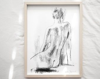 Nackte Kohle Zeichnung, schwarz und weiß Skizze, nackte Wandkunst, Schlafzimmer Wand-Dekor, Frau Zeichnung, Geschenk für sie, figurative Wand Dekor, Frau