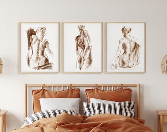 Over Bed Set Of 3 Prints, Burnt Orange Wall Art, Fall Wall Decor, Rust Print Set, Bedroom Wall Decor, Nude Body Prints, Terracotta Print Set