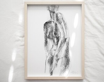 Black & White Wall Art Print, Charcoal Drawing, Nude Woman Sketch, Female Print, Black and White Poster, Bedroom Wall Art, Interior Decor