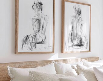 Black and White Silhouette Set Of 2 Line Art Prints, Women Charcoal Sketches for Minimalist Japandi Style Master Bedroom Wall Decor