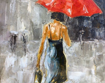 Woman With Umbrella Print, Canvas Print, Ready To Hang Print, Woman Wall Art, Painting Print, Gift For Her, Figurative Print, Rain Print