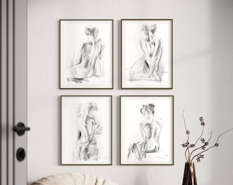 Sensual Bedroom Art, Black and White Print set of 4 for Over The Couch Living Room Staircase Wall Decor, Monochrome Minimalist Modern Art