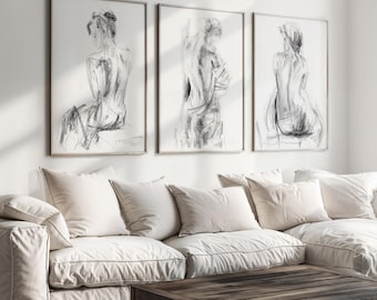 Set of 3 Black and White Prints, Women Facing Back Portraits, Minimalist Living Room Gallery Wall Art, Ready to Hang Charcoal Line Sketches