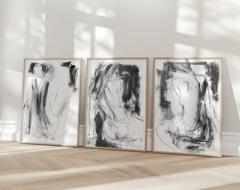 Set of 3 Abstract Figure Prints, Black and White Minimalist Over Bed or Couch Decor, Living Room Wall Art Drawings