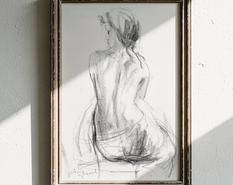 Woman Facing Back Drawing Print, Black and White Silhouette Charcoal Line Sketch, Minimalist Living Room or Bedroom Wall Art Decor