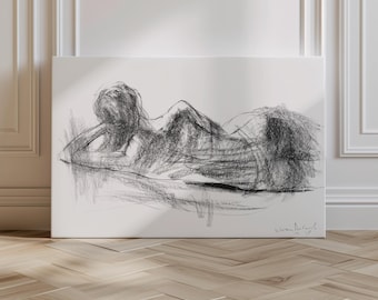 Woman Canvas Art Print, Ready to Hang Horizontal Minimalist Female Figure Charcoal Drawing, Black and White Over Bed Bedroom Wall Decor