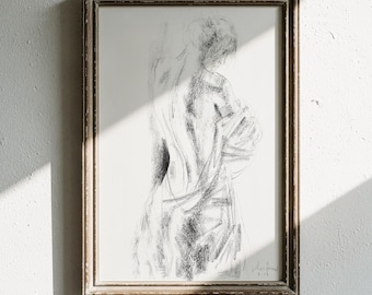Delicate Woman Back View Silhouette Drawing Print, Black and White Cottagecore Minimalist Artwork, Relaxing Charcoal Wabi Sabi Line Art