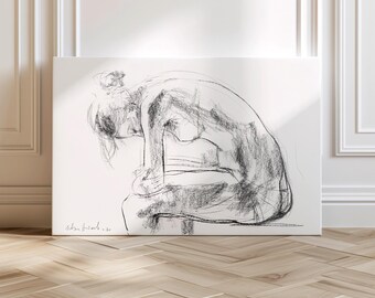Horizontal Black & White Woman Figure Canvas Art Print, Ready to Hang Female Charcoal Sketch Study, Minimalist Over Bed Bedroom Wall Decor