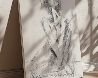 Black & White Woman Canvas or Paper Art Print, Ready to Hang Minimalist Female Figure Charcoal Drawing, Monochrome Master Bedroom Wall Decor
