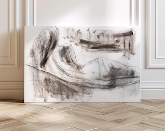 Horizontal Woman Body Canvas Art Print - Ready to Hang, Neutral Brown Study Sketch Painting, Abstract Over Bed or Above Couch Wall Decor