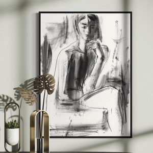 Abstract Black and White Drawing Print, Woman Sketch, Living Room Statement Wall Art Print, Sultry Charcoal Fine Art Print, Female Figure