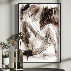Abstract Woman Drawing Print, Timeless Living Room Wall Decor, Charcoal Figure Sketch, Sensual Bedroom Art, Brown and White Art Work