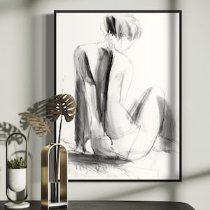 Charcoal Sketch Print, Black and White Abstract Body Print, Female Drawing, Bedroom Wall Art, Minimalist Decor Art, Woman Print, Giclee